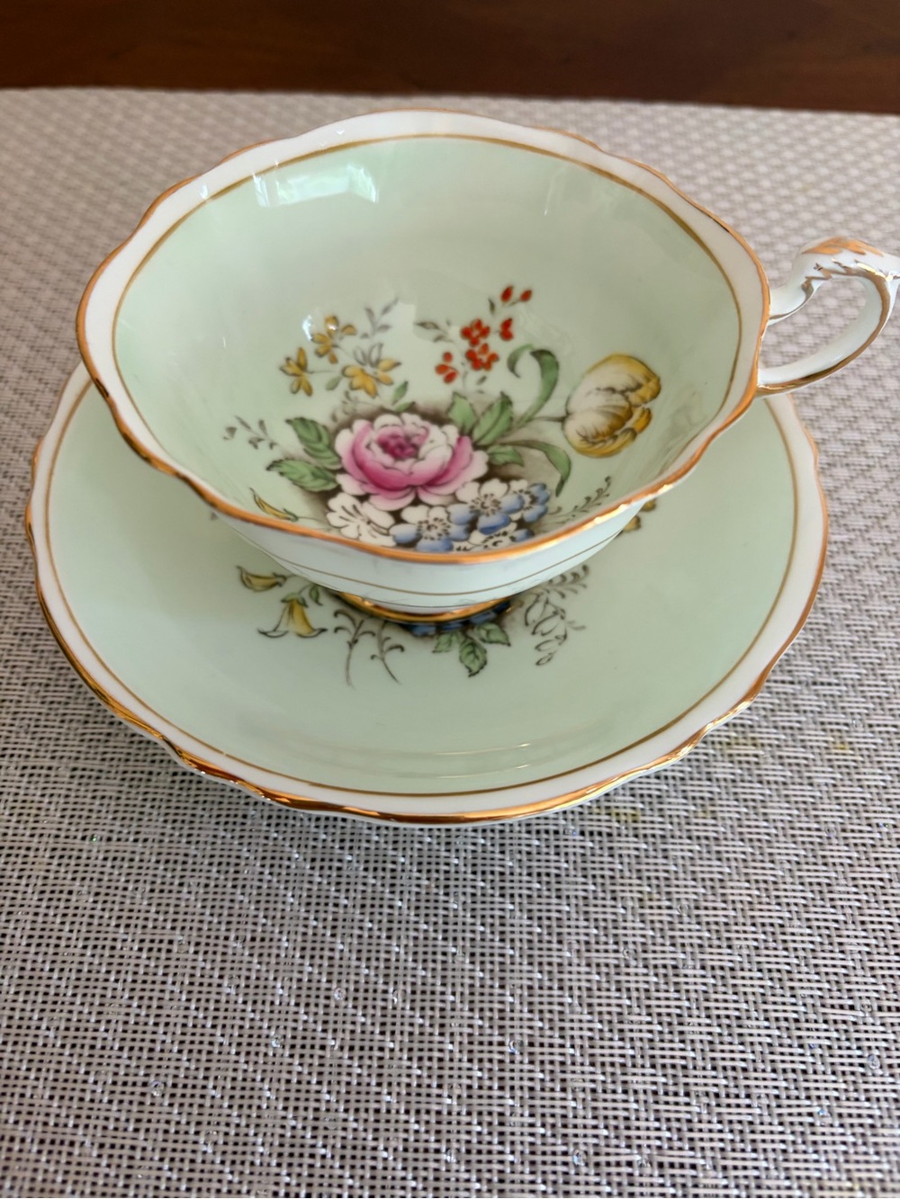 Paragon Double Warrant Hand Painted Light Green Pastel with Floral Teacup set